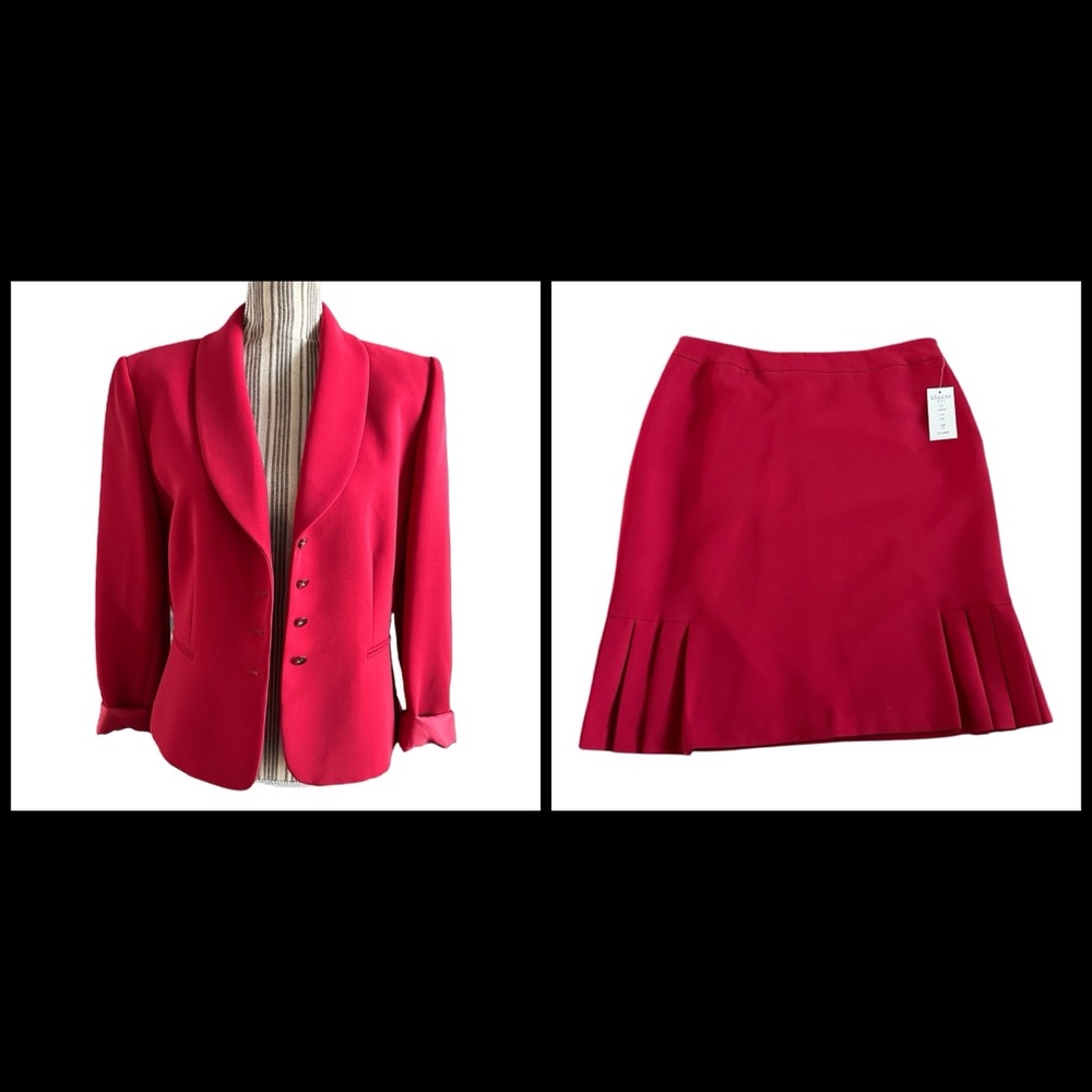Red skirt & blazer jacket set lined shoulder pads ruffles collar size 12 - Picture 1 of 16